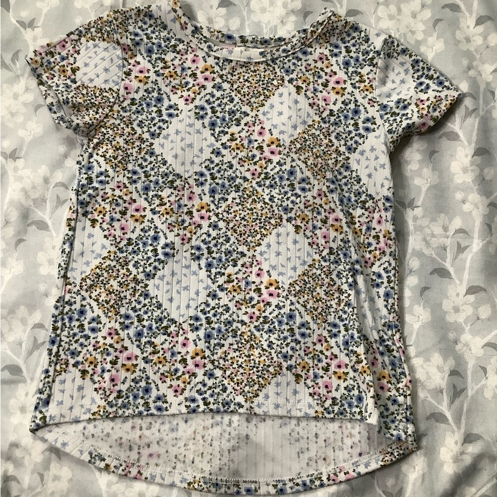 Girls' Short-Sleeve Floral Patchwork Tee - White with Blue & Pink Flowers